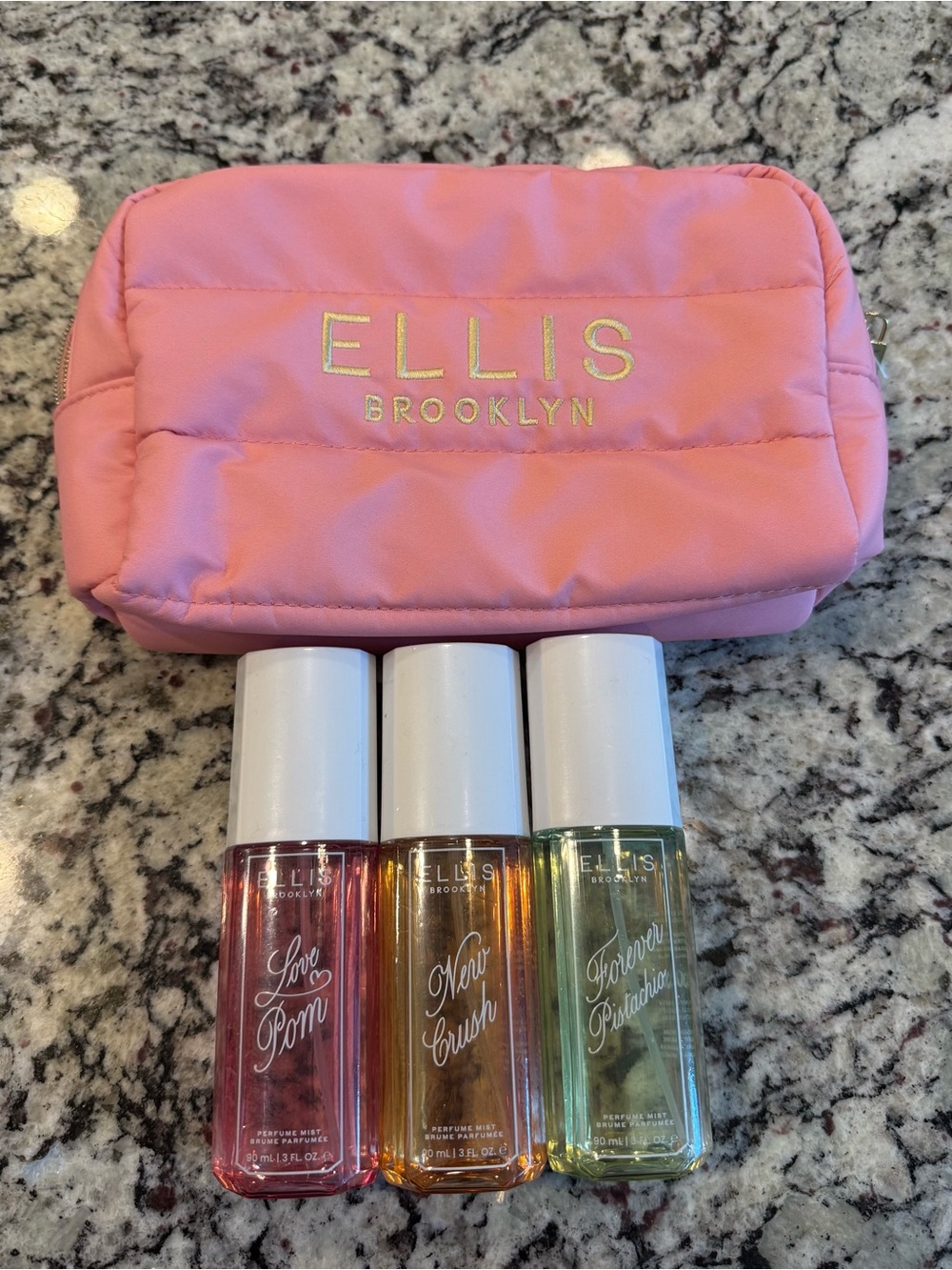 Ellis Brooklyn Pink Cosmetic Pouch with Pink, Orange, and Green Lip/Body Mists